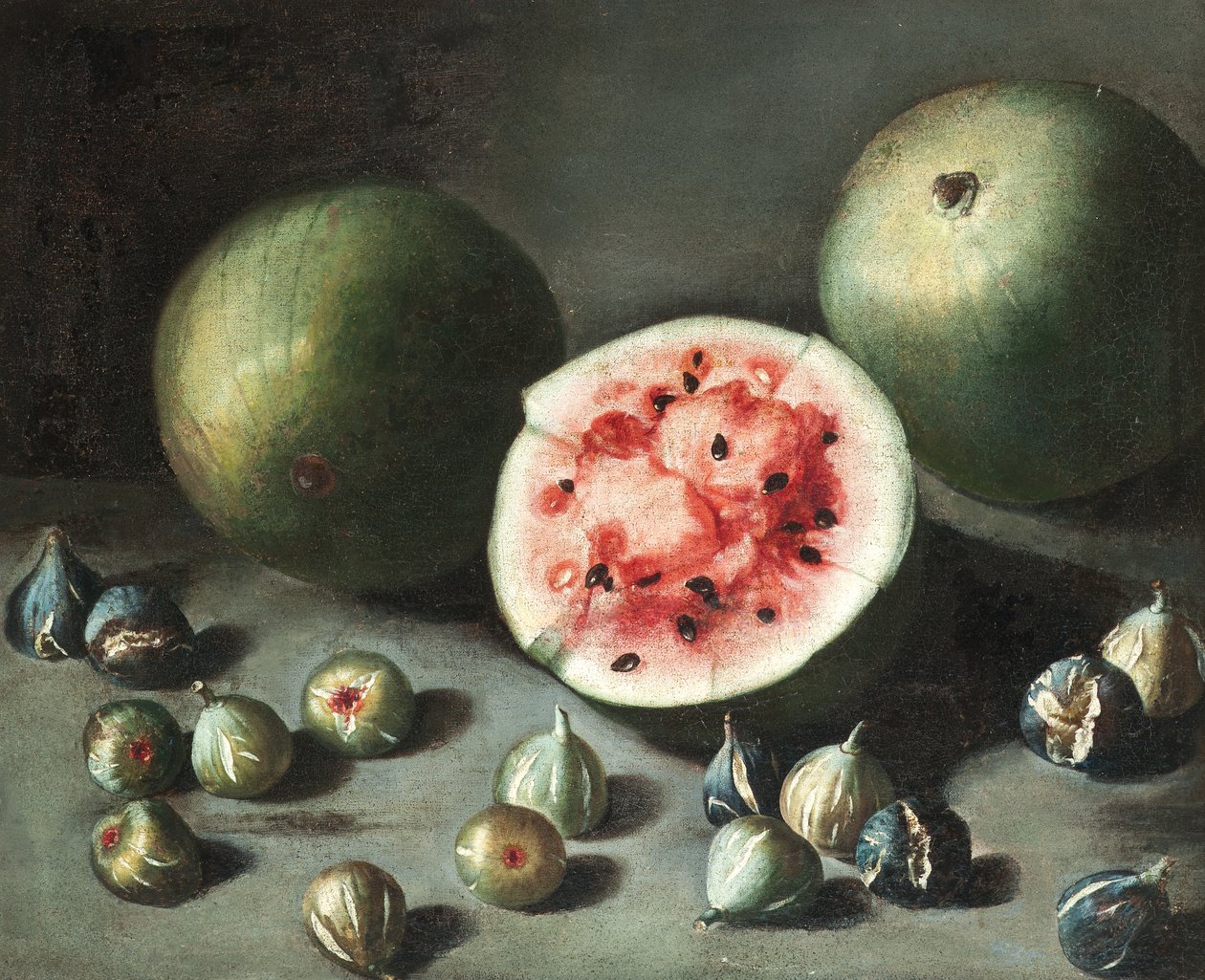 Pastèques et figues sur un rebord de pierre - Neapolitan School