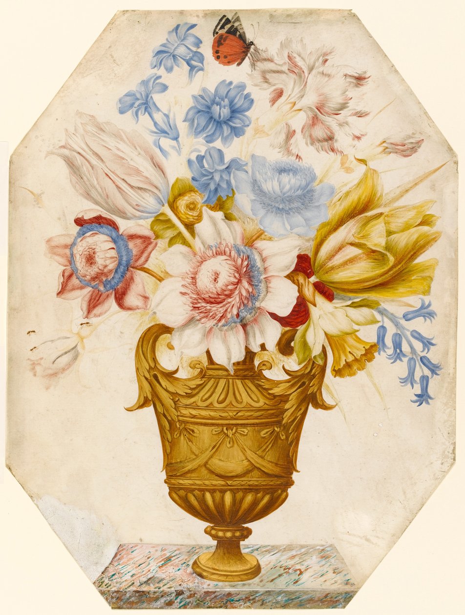 Fleurs dans un vase sur un rebord de marbre avec un papillon reposant sur la fleur - Nicolas Robert