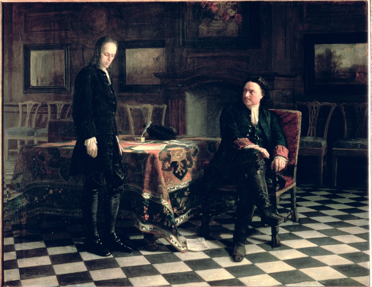 Pierre le Grand interroge le tsarévitch Alexis Petrovich à Peterhof, 1871 - Nikolai Nikolaevich Ge