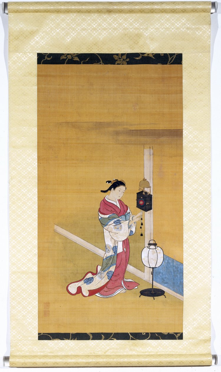 Femme Japonaise Remontant une Horloge Murale, Période Edo (1600-1868) 1700-50 - Nishikawa Sukenobu