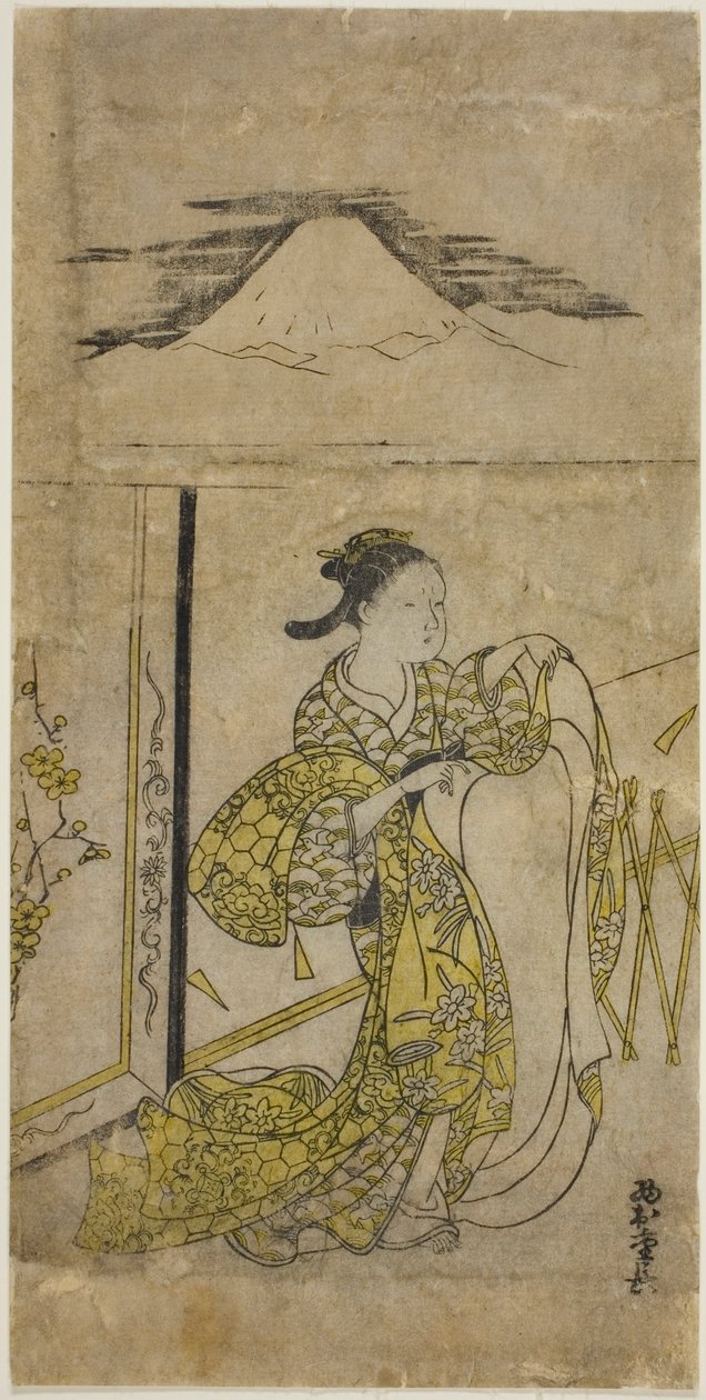 Femme tenant un kimono avec le mont Fuji au-dessus - Nishimura Shigenaga