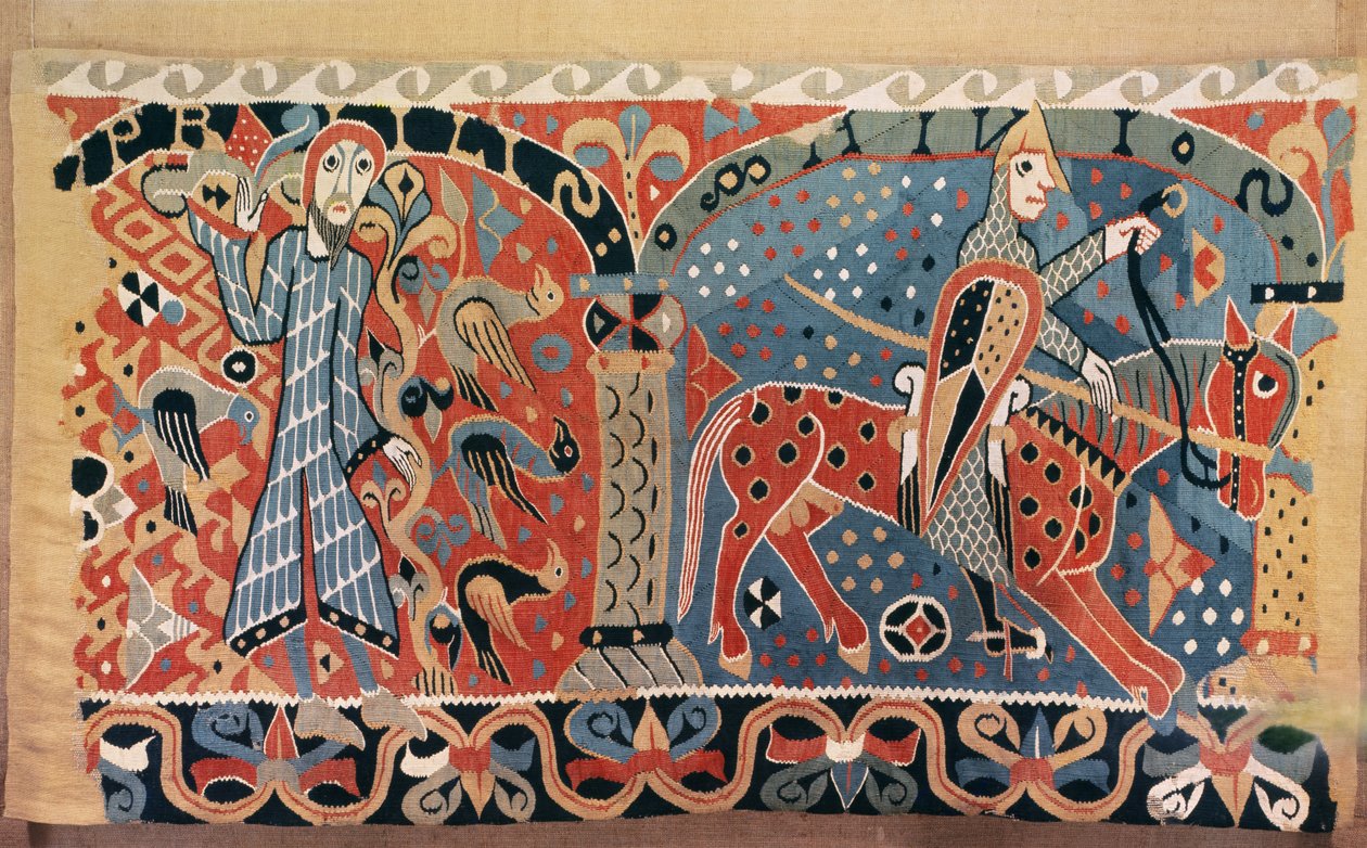 Cavalier normand sur un cheval pie et un homme entouré d