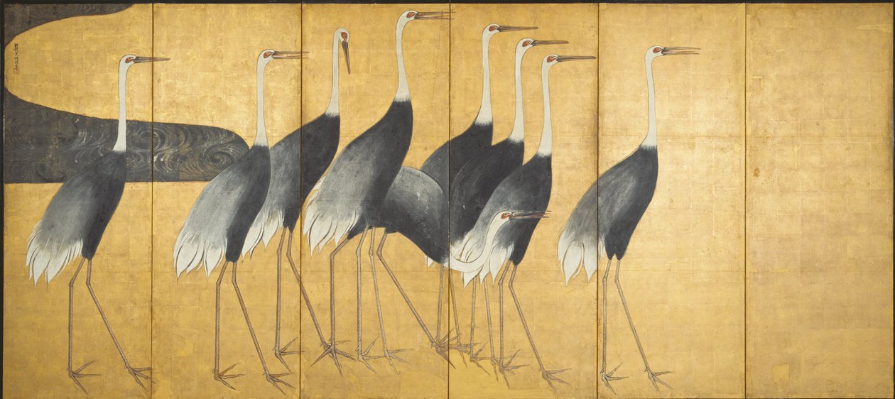 Écran à six panneaux représentant des grues, période Edo - Ogata Korin