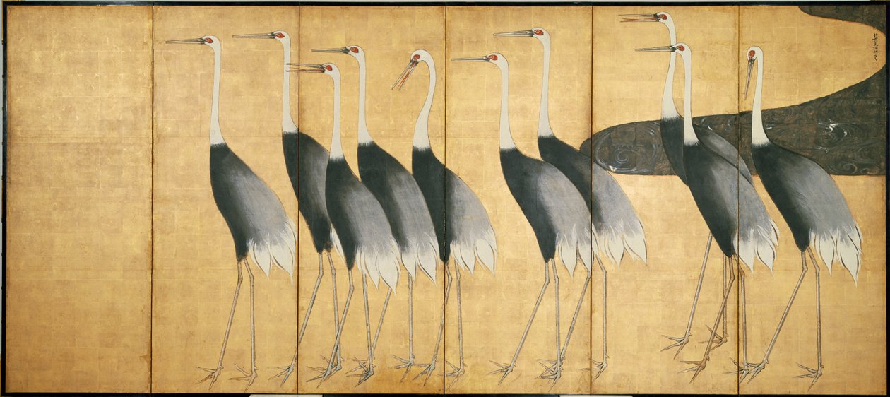 Écran à six panneaux représentant des grues, période Edo (encre, couleur, or et argent sur papier) - Ogata Korin