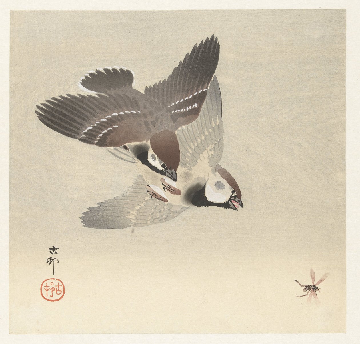 Moineaux et insecte - Ohara Koson