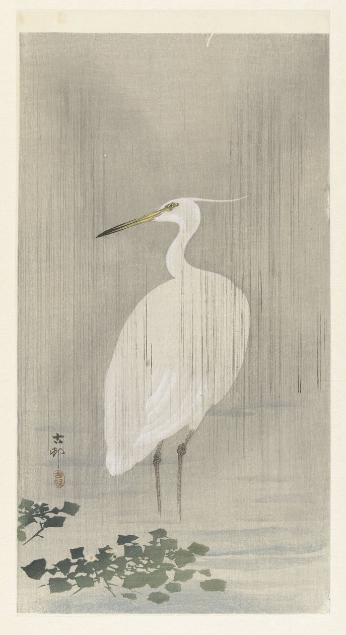 Héron argenté sous la pluie - Ohara Koson