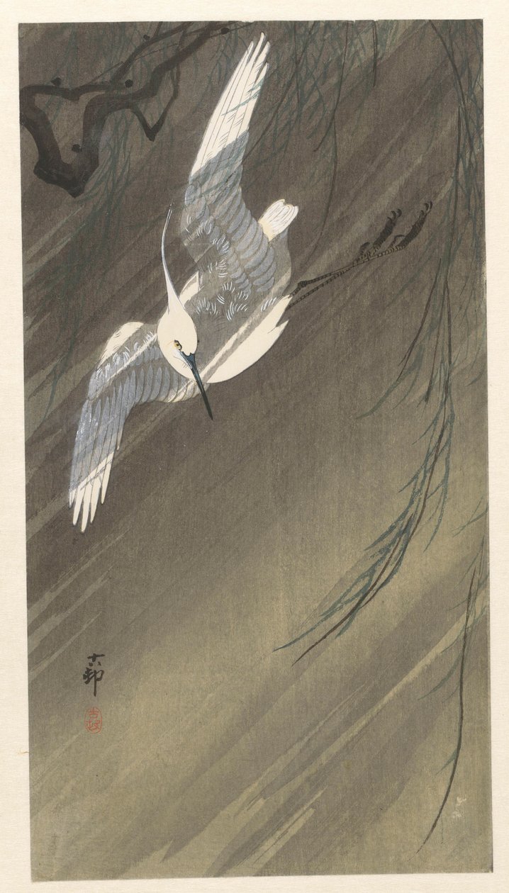 Héron argenté dans la tempête - Ohara Koson