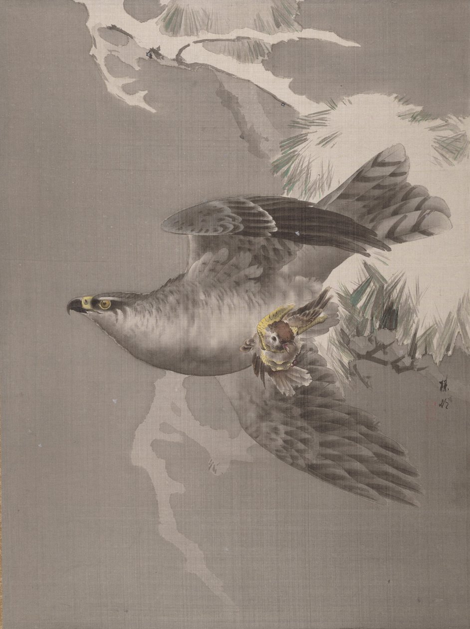 Faucon tenant un petit oiseau - Okada Baison