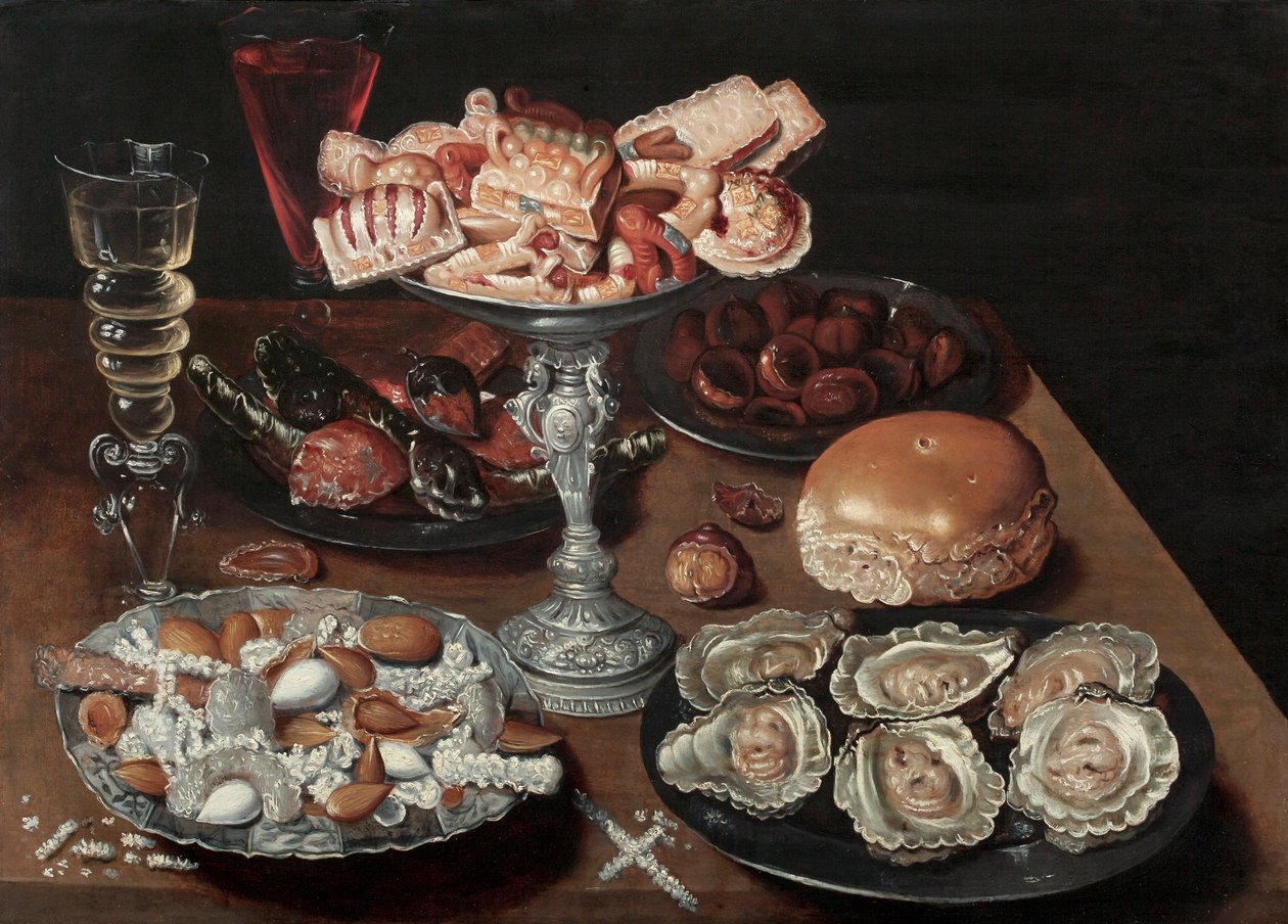 Amandes, huîtres, douceurs, châtaignes et vin sur une table en bois, vers 1605-30 - Osias the Elder Beert