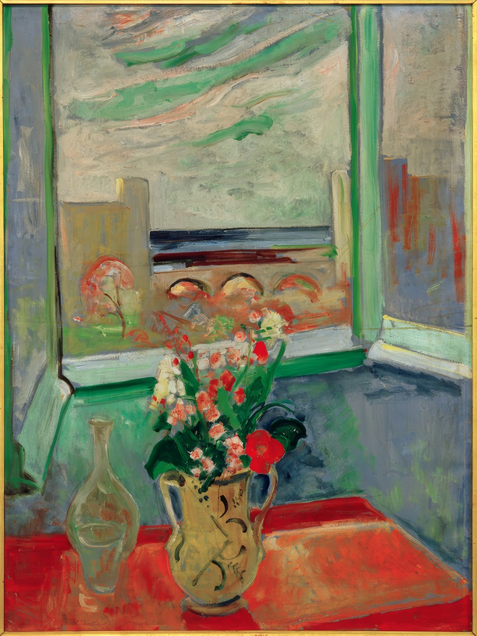 Levanto I : Bouquet de fleurs à la fenêtre avec pont - Oskar Moll