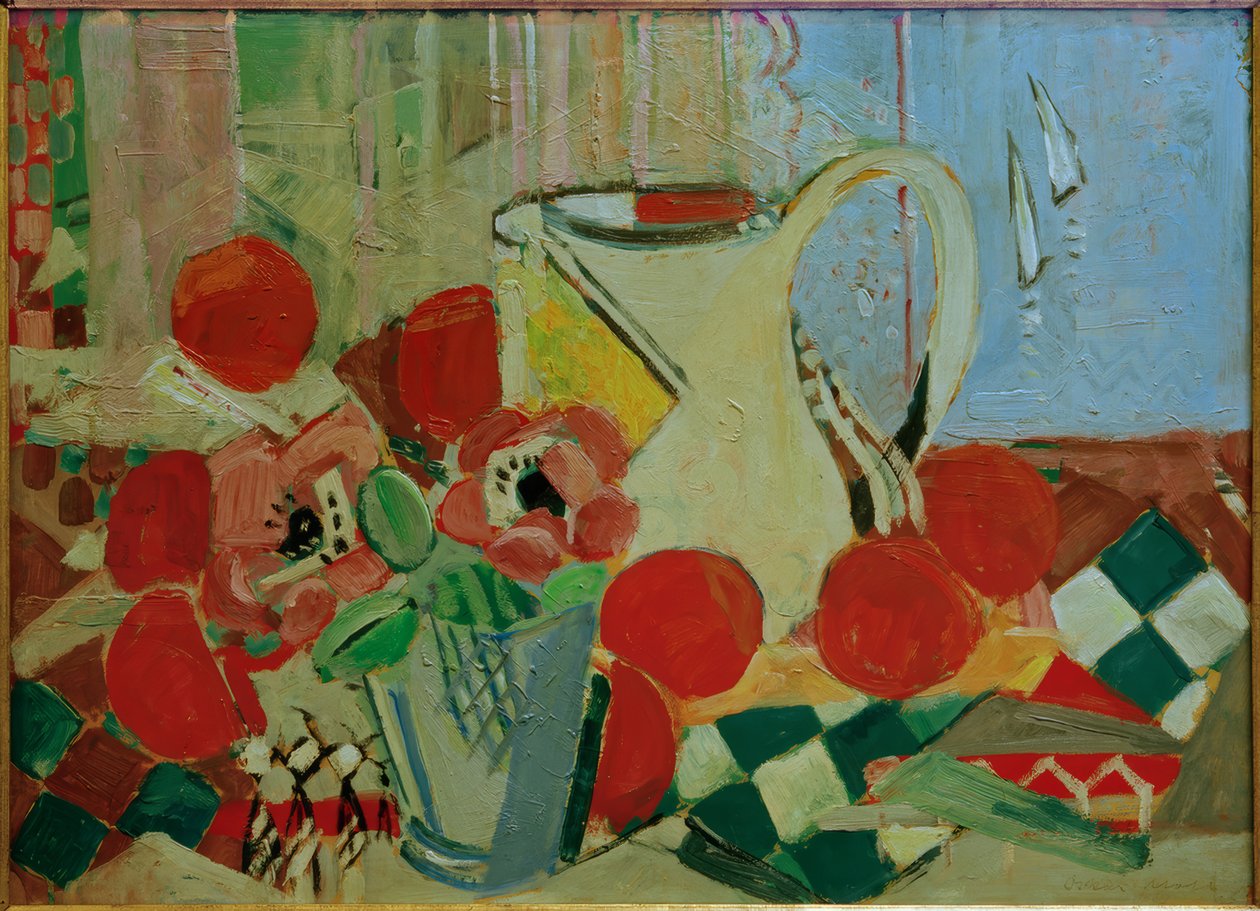 Nature morte avec cruche blanche et motif de carreaux - Oskar Moll