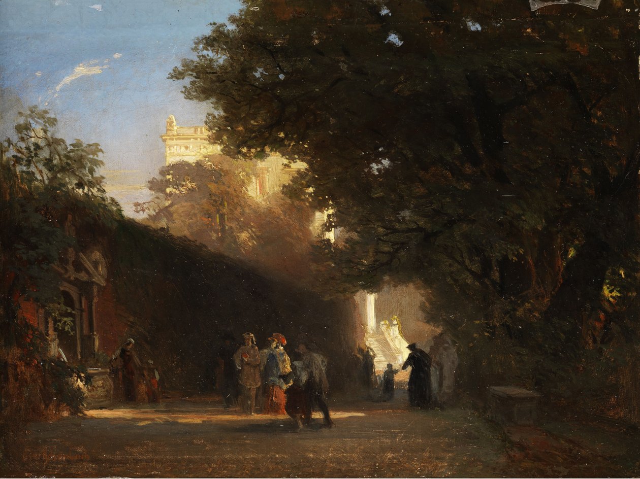 Villa italienne et parc avec société noble et prêtres - Oswald Achenbach