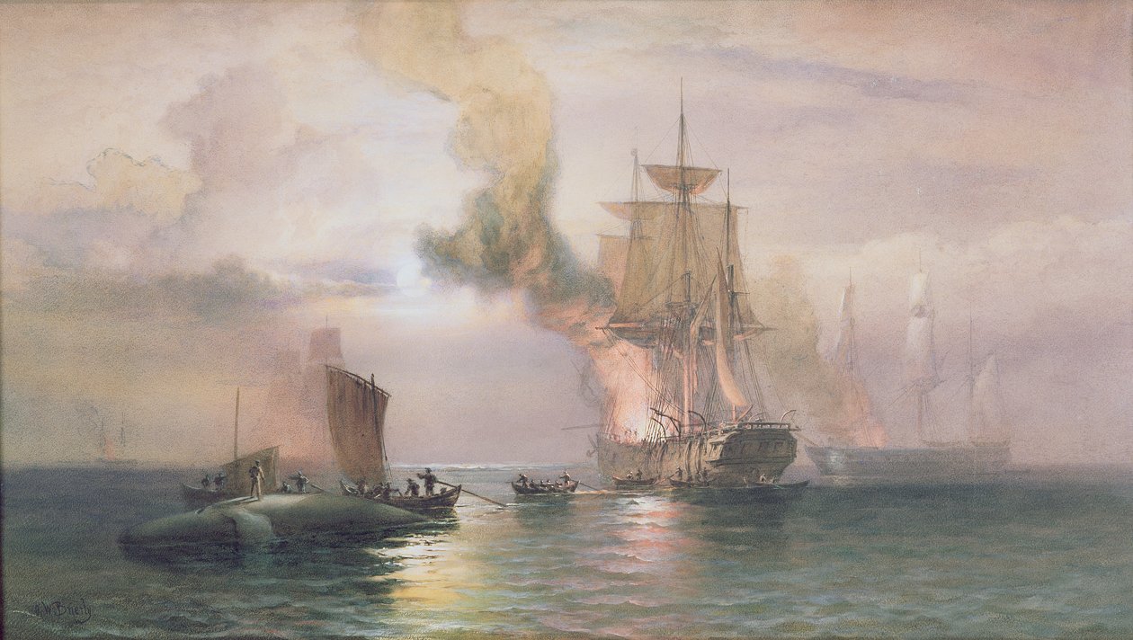 Baleiniers des mers du Sud faisant bouillir du lard, avec une baleine à côté, vers 1875-85 - Oswald Walters Brierly