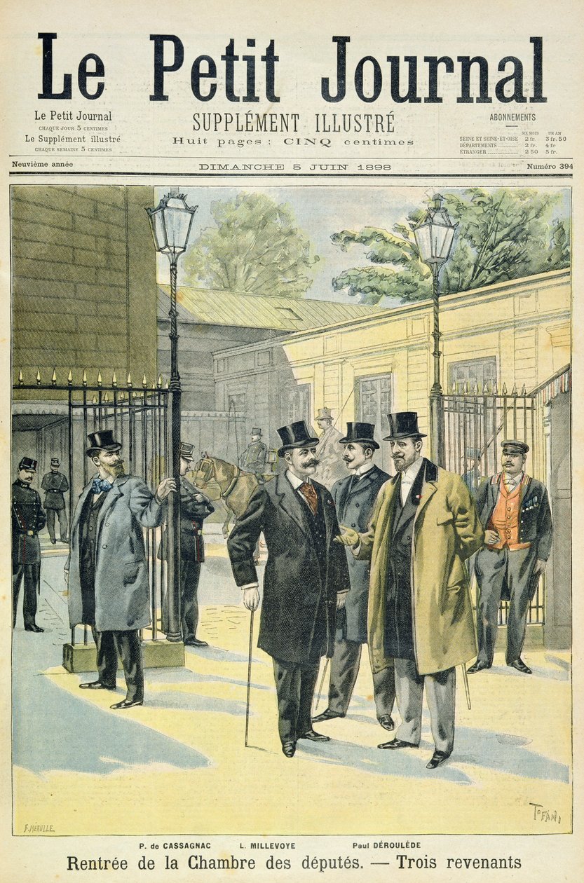 Page de titre représentant la réouverture de la Chambre des députés avec Paul Granier de Cassagnac, Lucien Millevoye et Paul Déroulède, illustration du supplément illustré du Petit Journal, 5 janvier - Oswaldo Tofani
