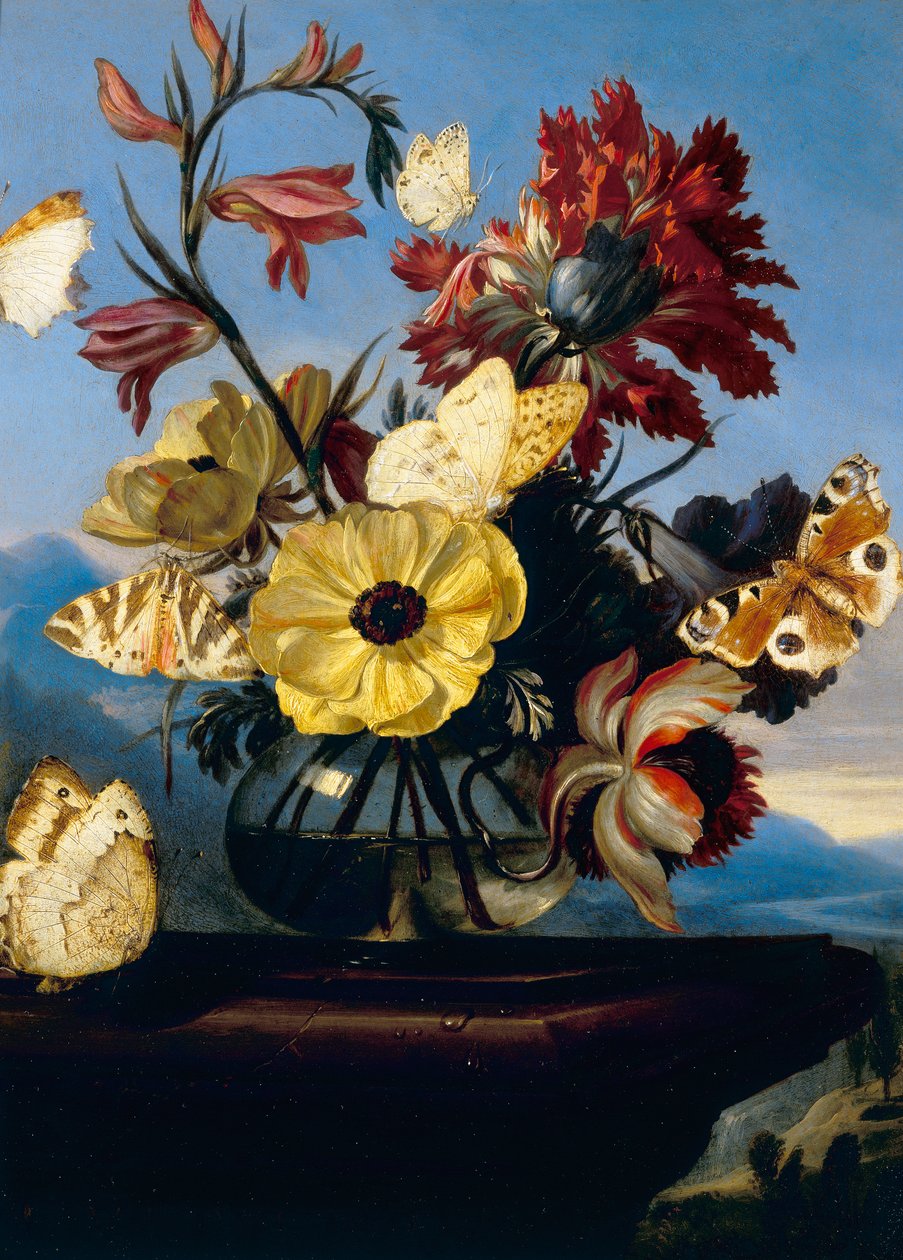 Vase de fleurs avec un papillon - Otto Marseus  van Schrieck