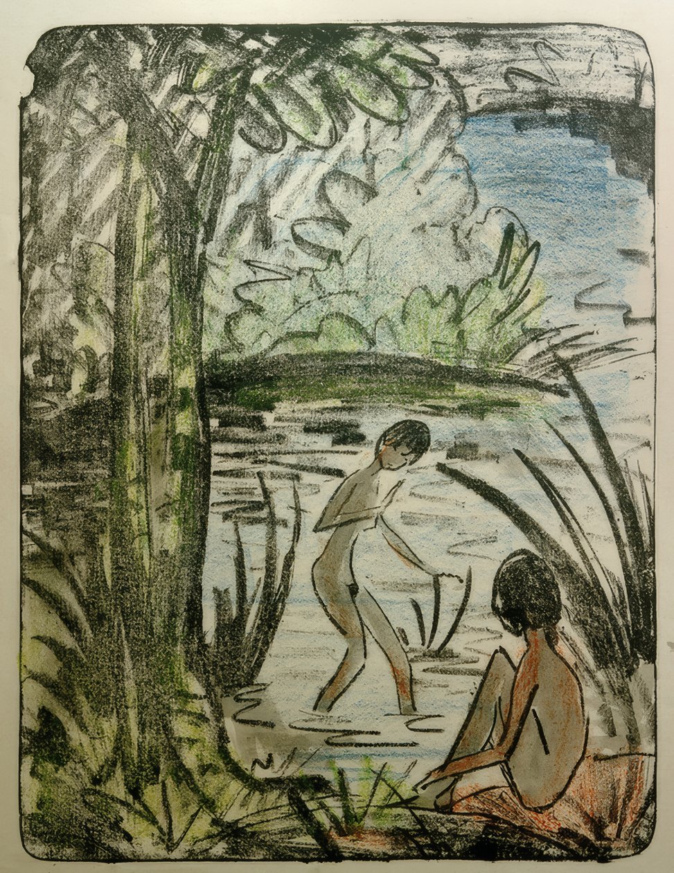 Assis et baignant avec arbre - Otto Mueller