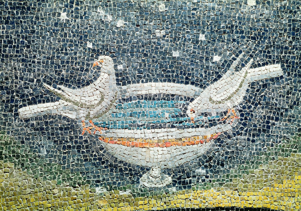 Pigeons buvant dans un bol, vers 430 après J.-C. (mosaïque) - Paleo Christian