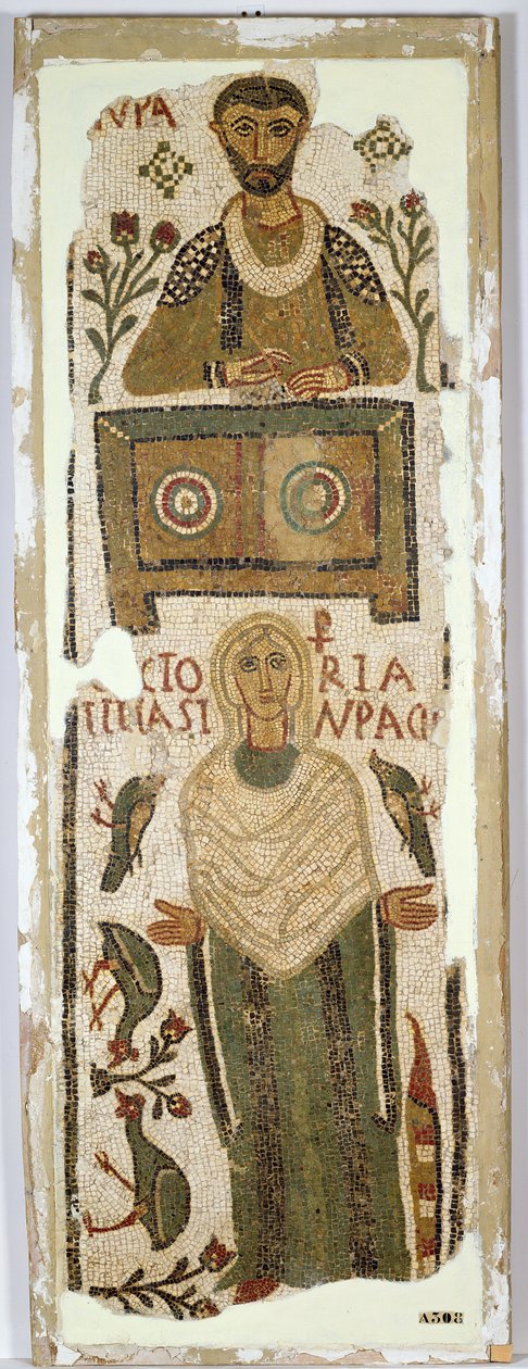 Stèle funéraire représentant un banquier et sa fille (mosaïque) - Paleo Christian