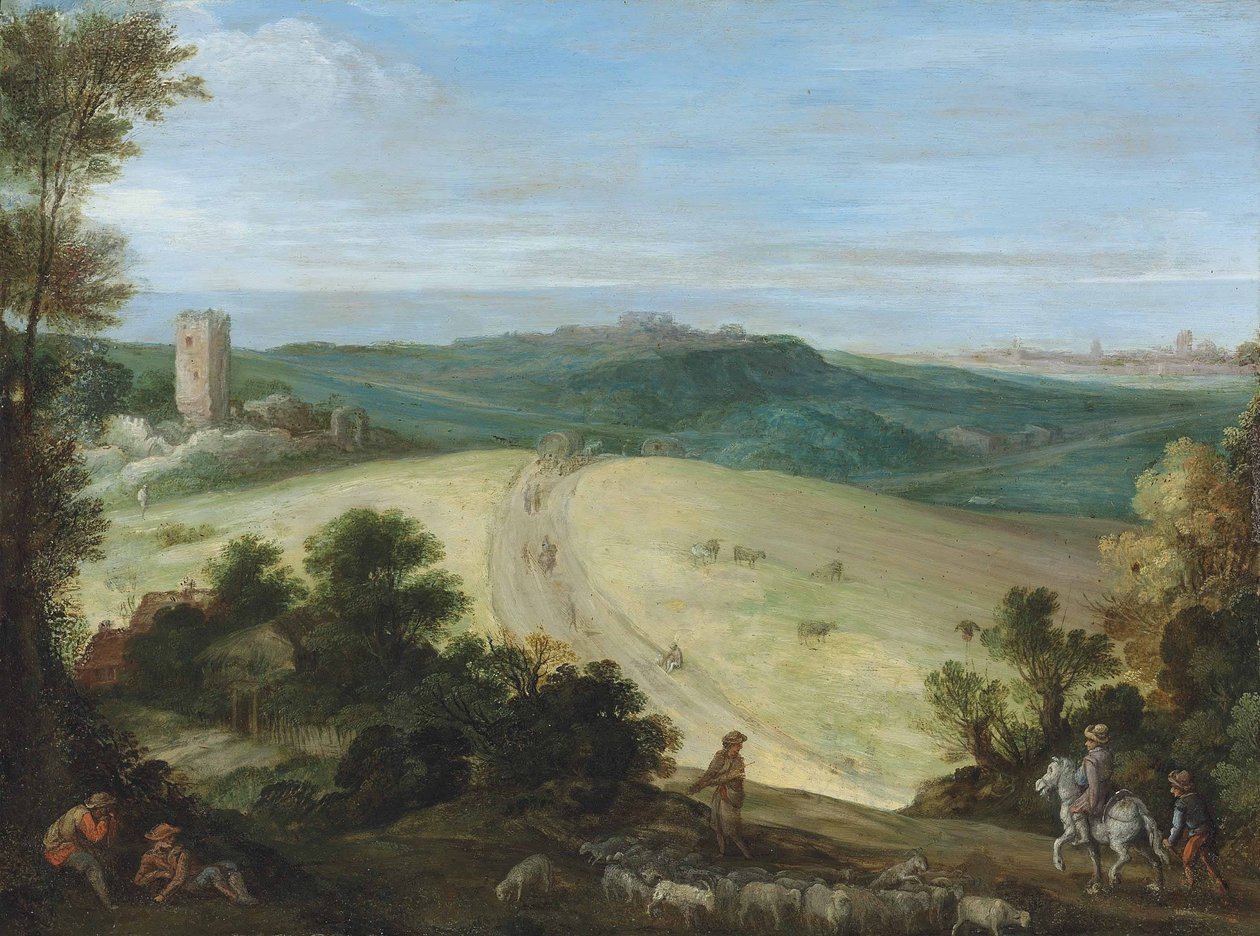 Paysage boisé étendu avec un berger et son troupeau, une tour en ruine et une ville au-delà - Paul Bril