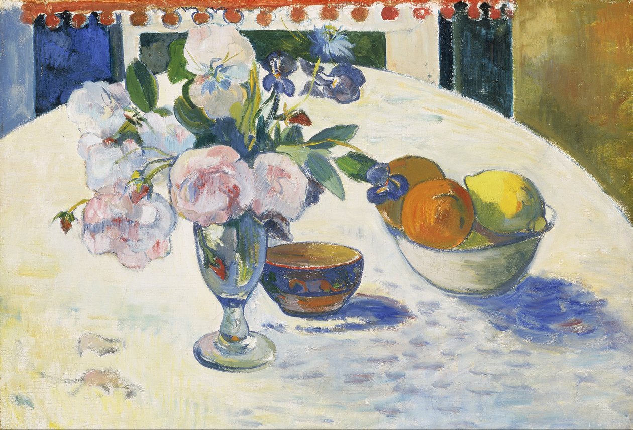 Fleurs et un bol de fruits sur une table - Paul Gauguin