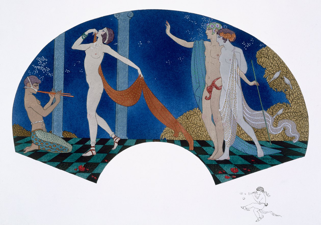 Design de ventilateur avec image classique de Pan jouant de la flûte de Pan et une danseuse et un couple dans un bois, de 