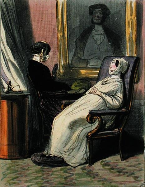 Femme enceinte avec sa mère (lithographie en couleur) - Paul Gavarni