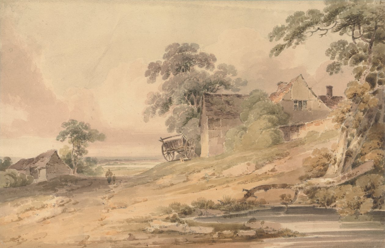 Paysage avec ferme, personnages et étang - Paul Sandby Munn