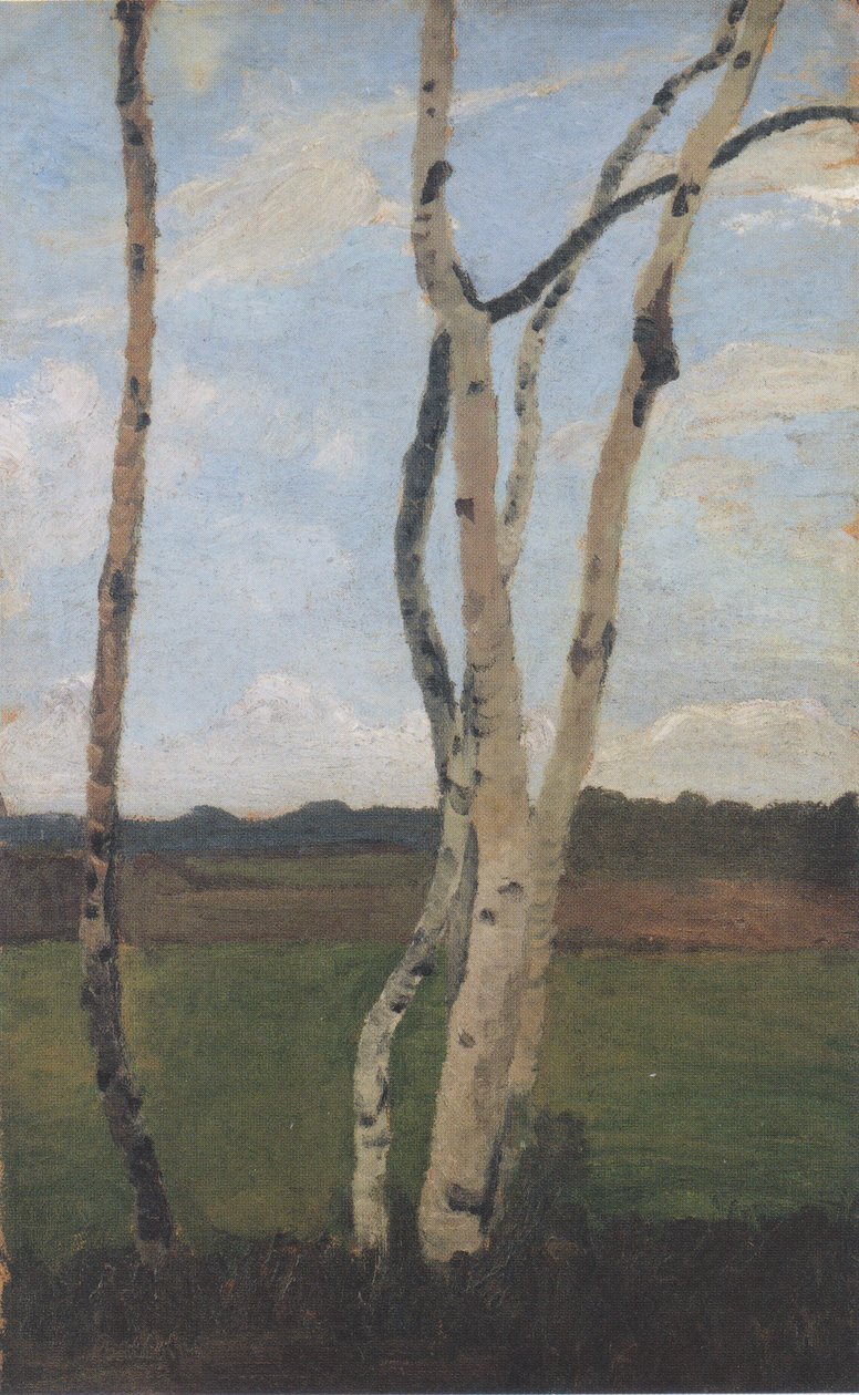 Troncs de bouleaux devant un paysage - Paula Modersohn Becker