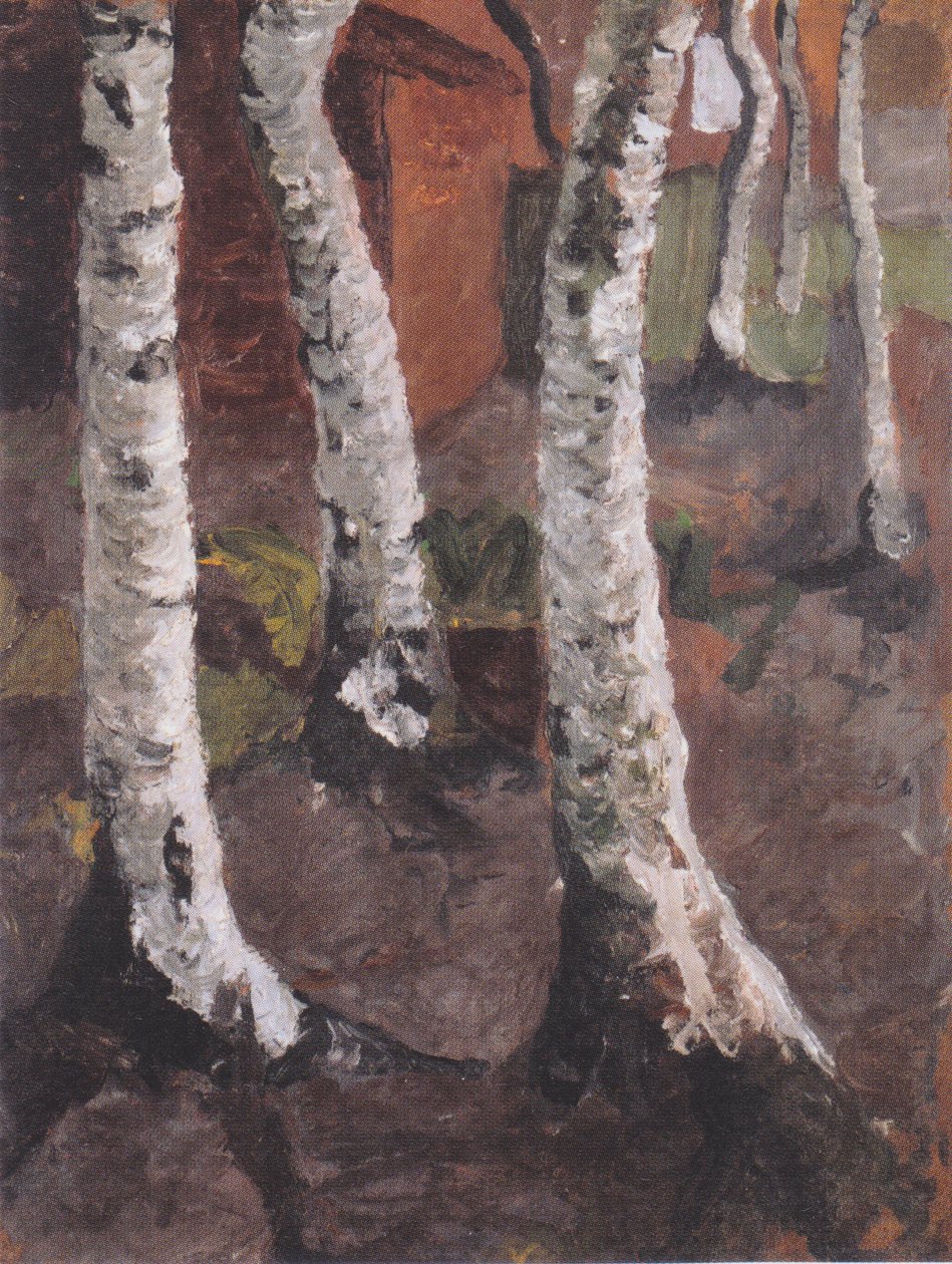 Troncs de bouleaux devant une ferme rouge - Paula Modersohn Becker