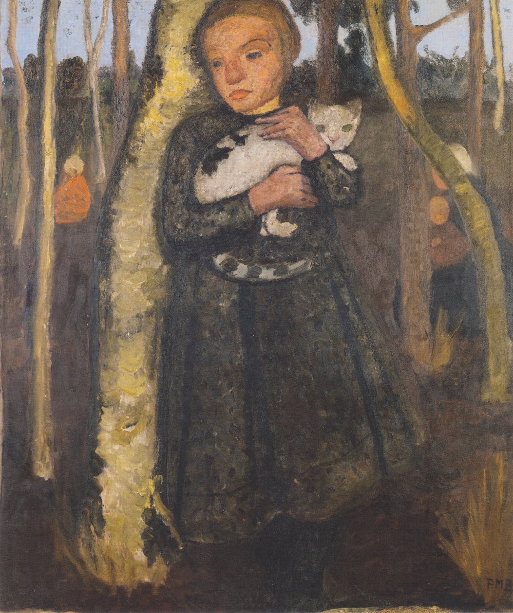 Fille dans la forêt de bouleaux avec chat - Paula Modersohn Becker