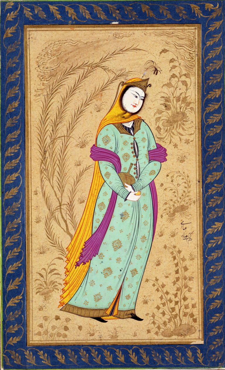 Fille tenant un vase à vin et une poire, du Grand Album Clive - Persian School
