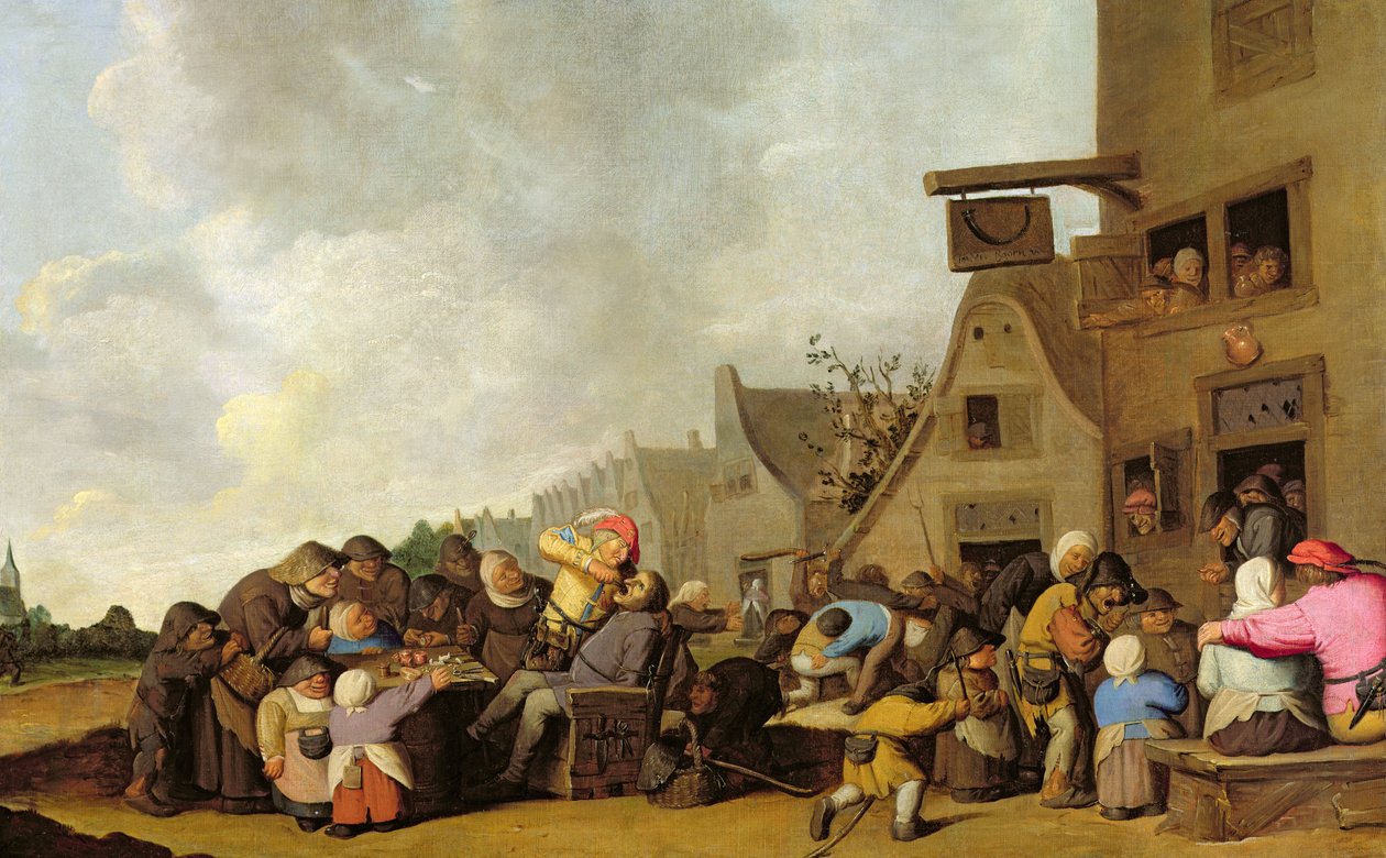 Scène de village avec un dentiste arrachant des dents et des paysans se battant devant une taverne, c.1630-40 - Peter de Bloot