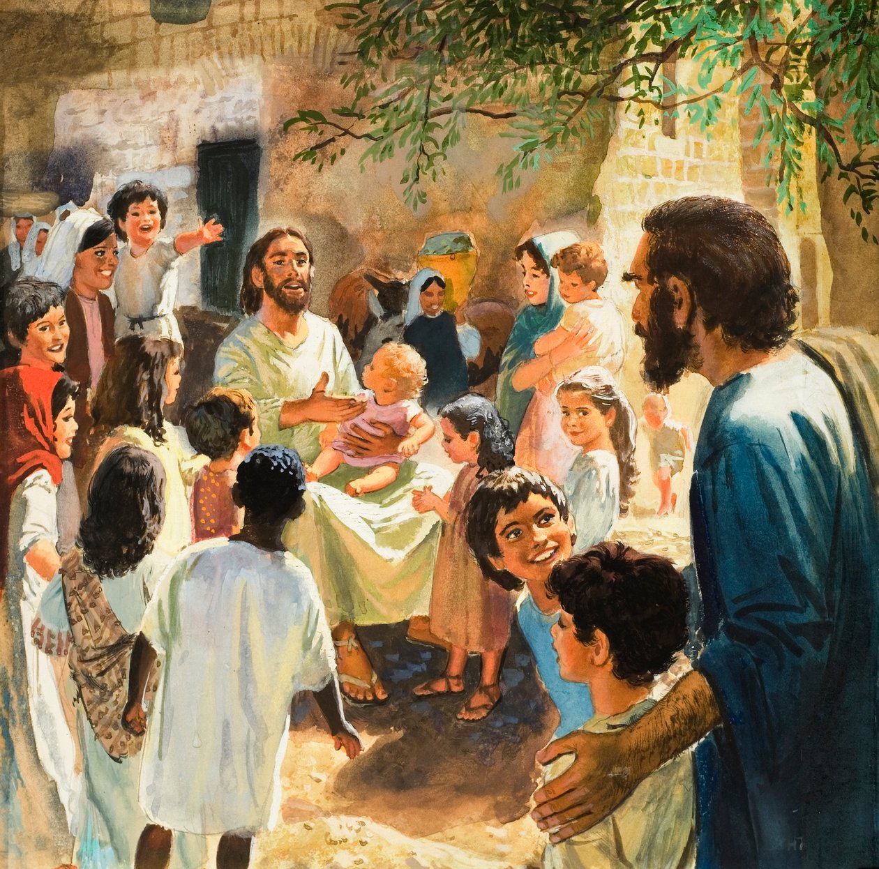 Le Christ avec les enfants (gouache sur papier) - Peter Seabright
