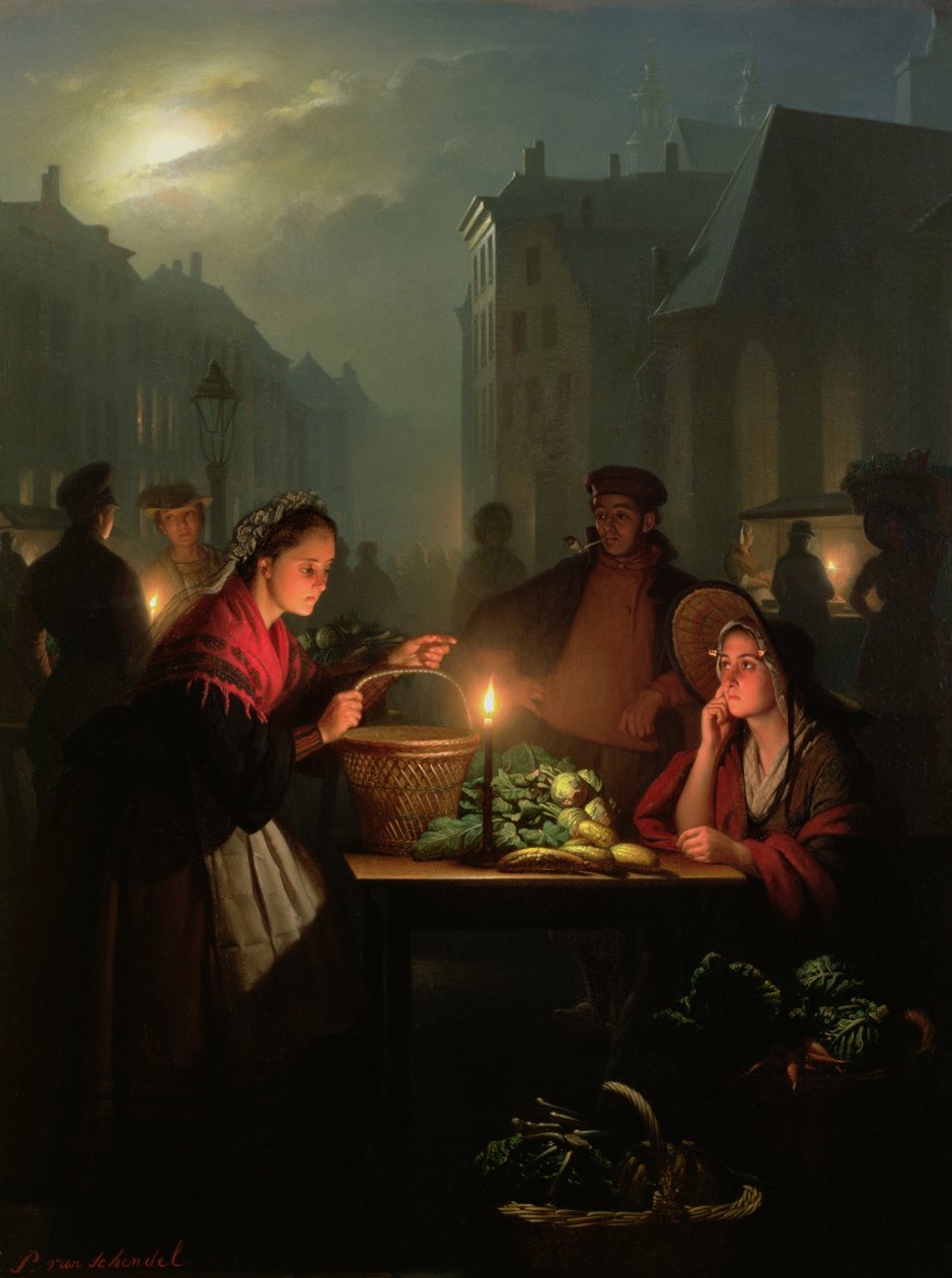 Un étal de légumes la nuit - Petrus van Schendel