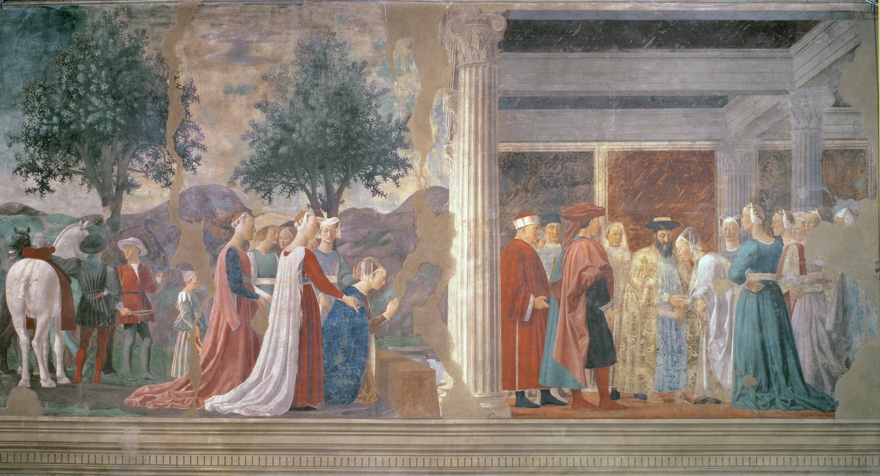 La Reine de Saba adorant le bois de la Vraie Croix et La Réception de la Reine de Saba par le Roi Salomon (vers 1015-977) du cycle de la Légende de la Vraie Croix, achevé en 1464 - Piero della Francesca