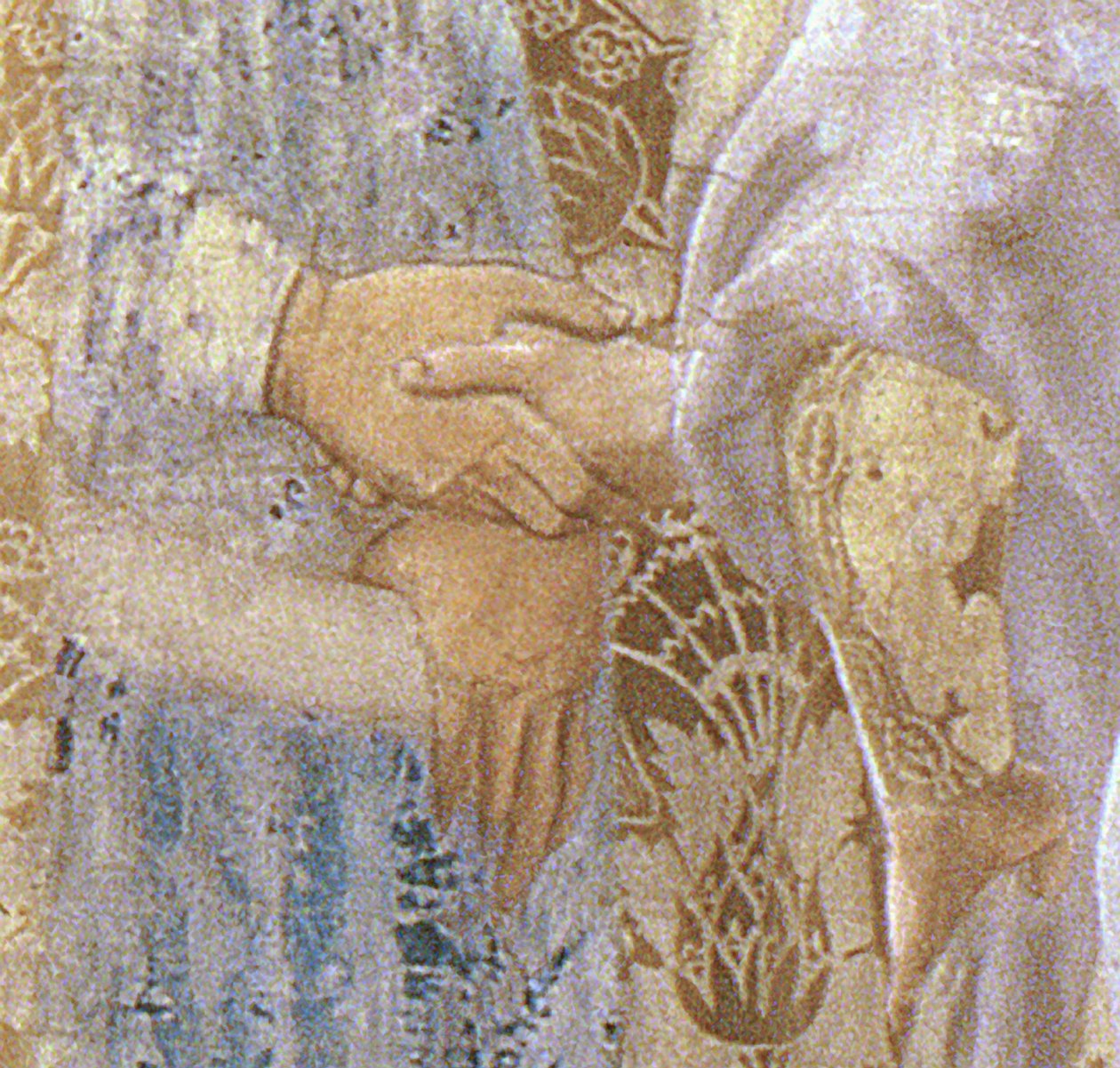 La Réception de la Reine de Saba par le Roi Salomon c.1015-977 du cycle de la Légende de la Vraie Croix, (détail) des mains, achevé en 1464 fresque - Piero della Francesca