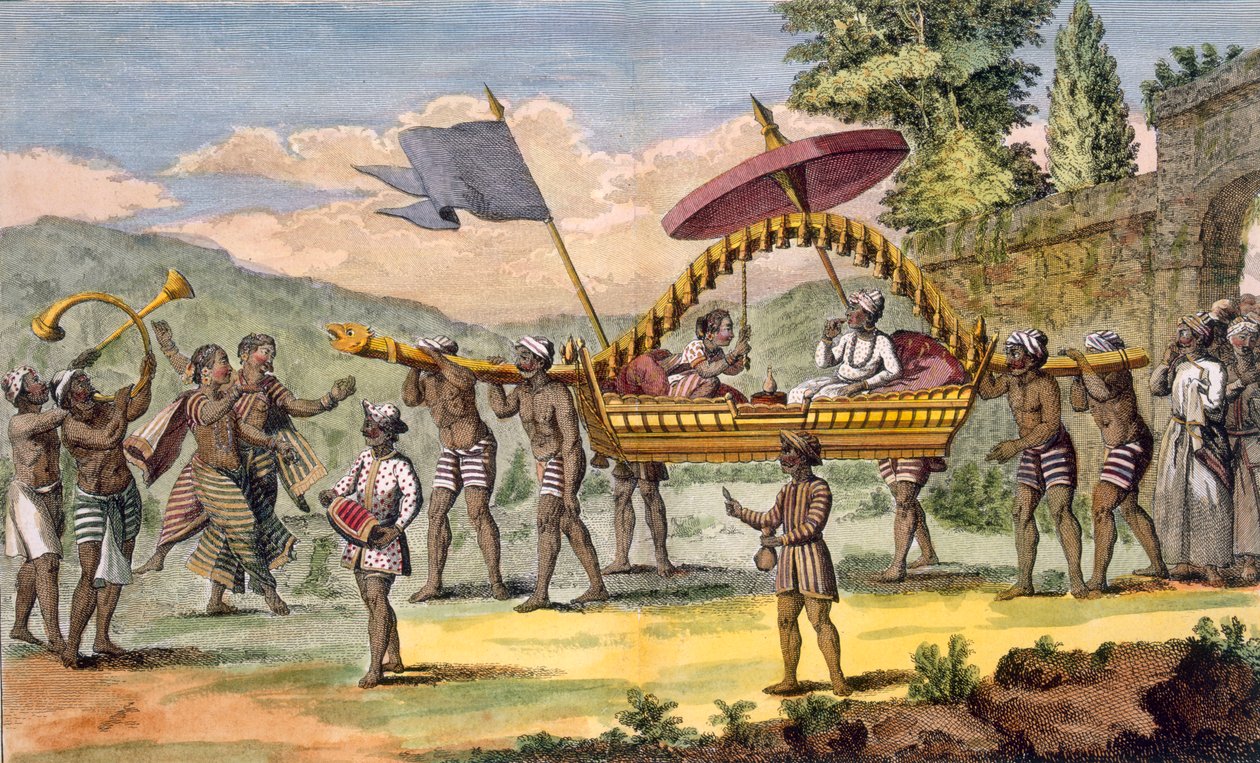 Jeune couple marié promené en palanquin avec musiciens accompagnant, illustration de 