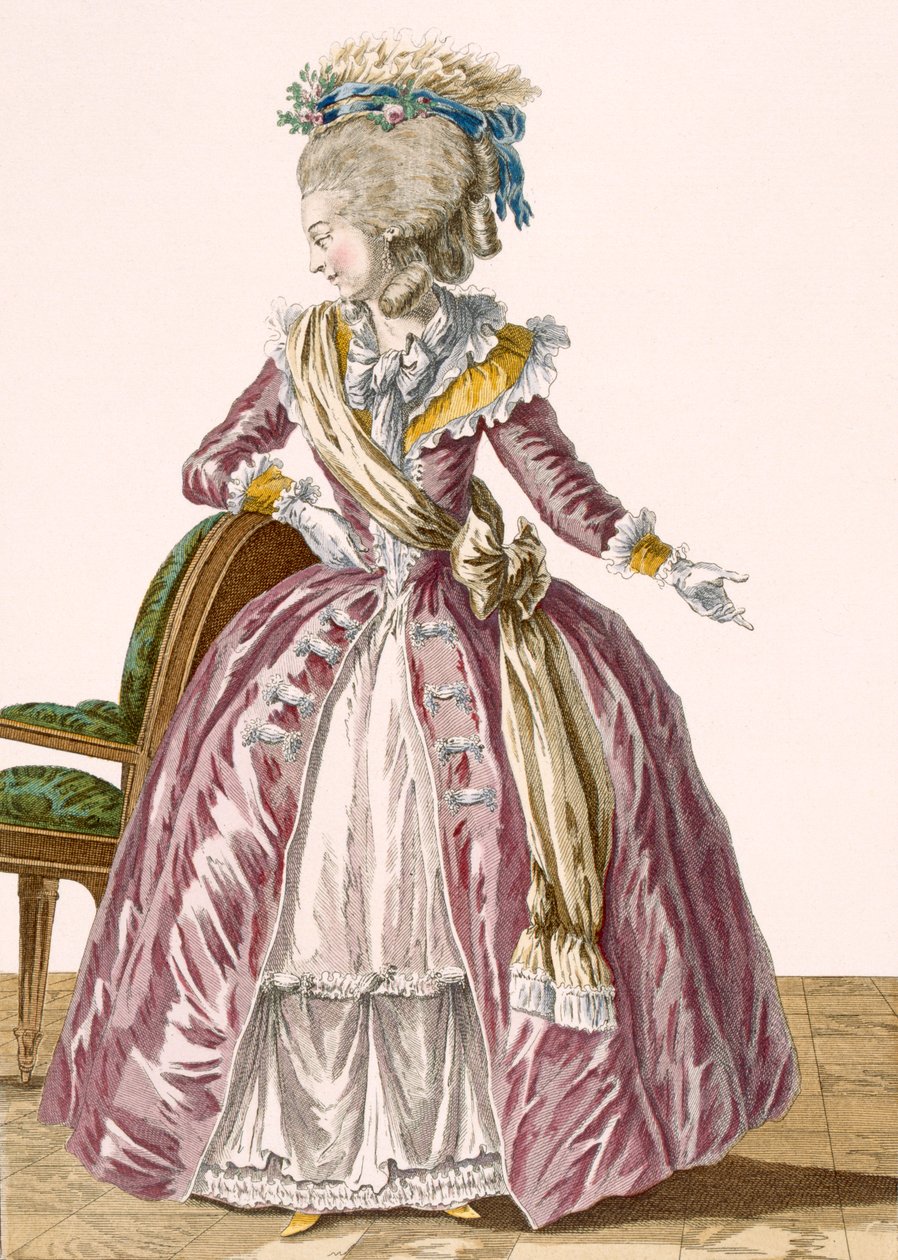 Robe bordeaux pour dames avec jupon blanc, gravée par Dupin, planche n°166 de 