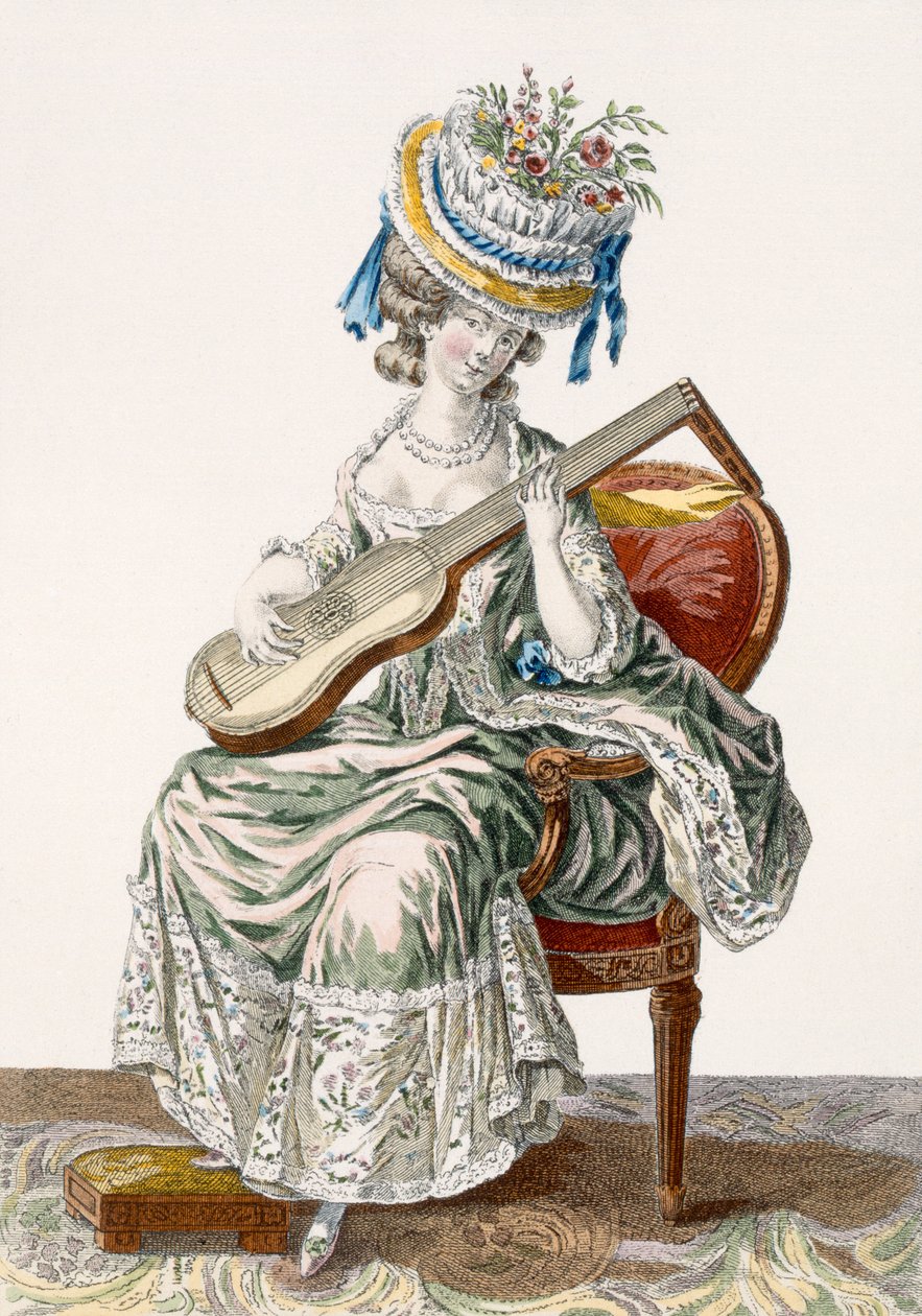 Dame en robe de taffetas à pois jouant de la guitare, planche 113 de 