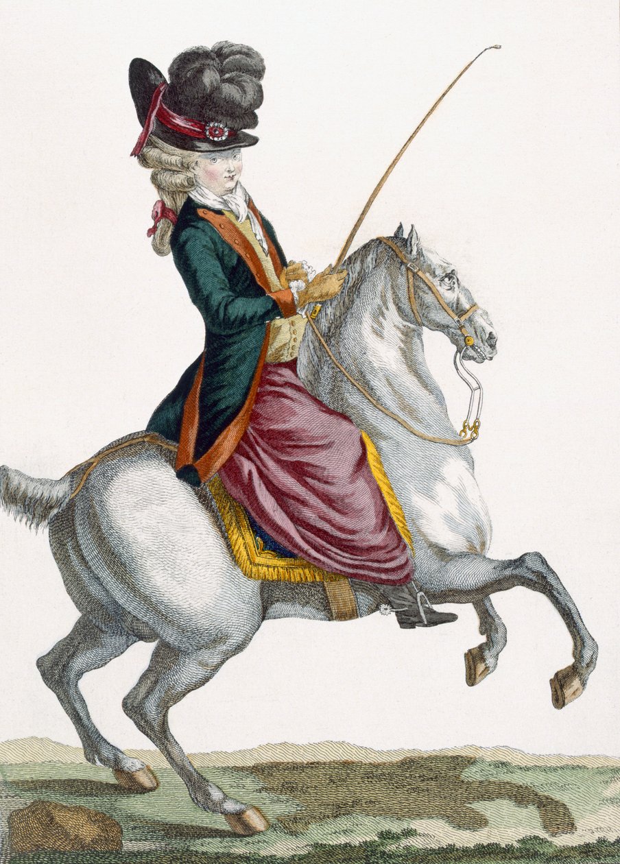 Jeune femme à cheval, gravée par Voysard, planche de 