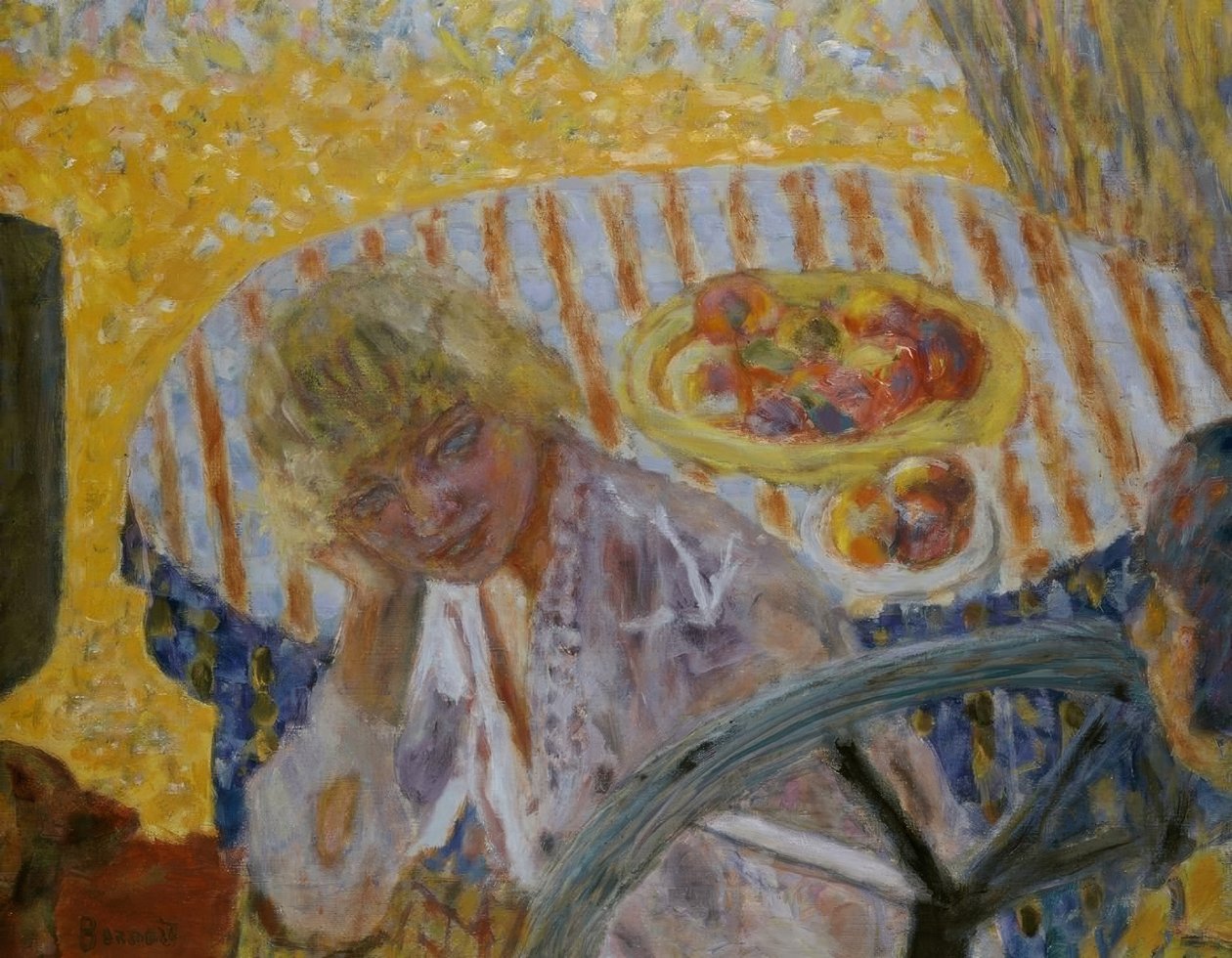 Jeune femme avec nappe rayée - Pierre Bonnard