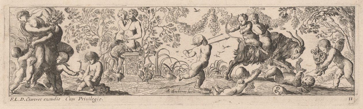 Putti et satyres tirant des flèches - Pierre Brebiette