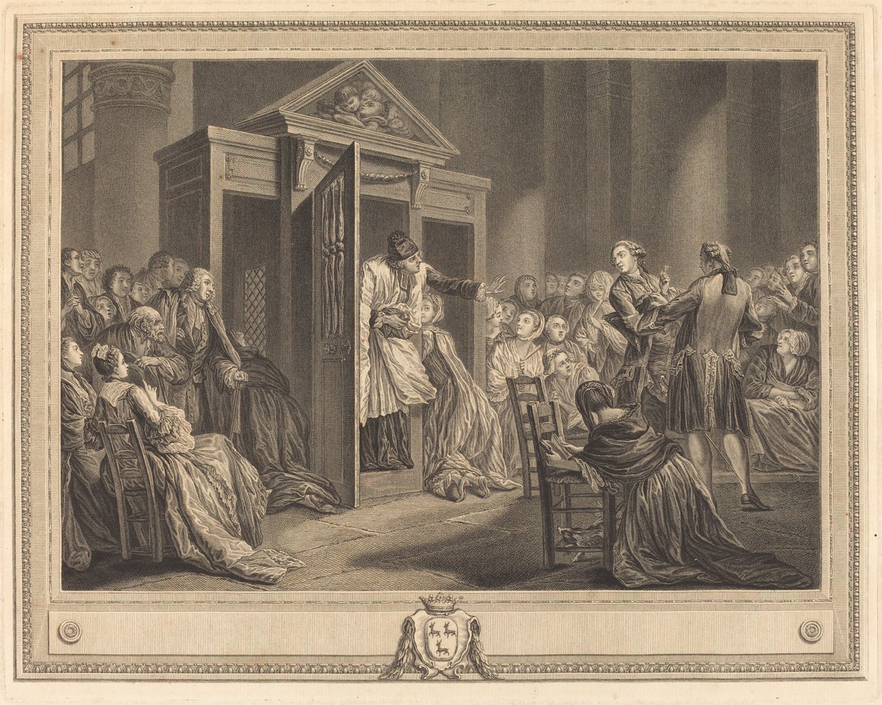 Le confessionnal - Pierre Etienne Moitte after Pierre Antoine Baudouin