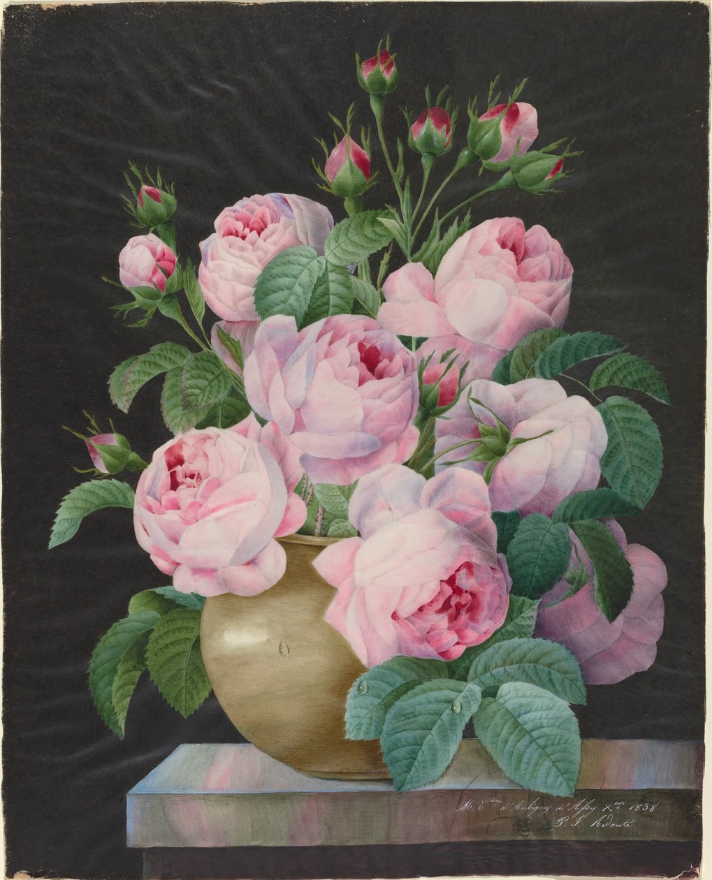 Roses roses dans un vase - Pierre Joseph Redouté