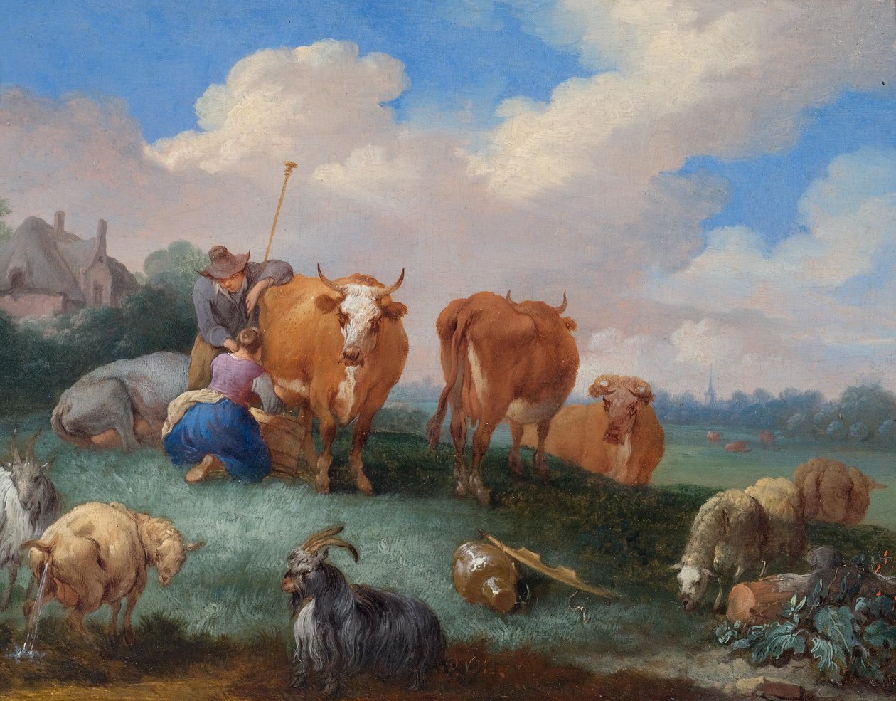 Bergers avec vaches et moutons dans un paysage - Pieter Bouts