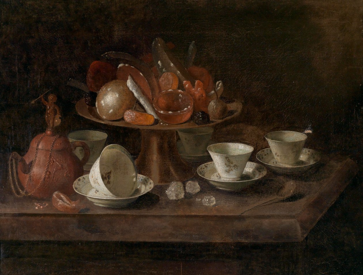 Nature morte avec tasses de chocolat et une tazza avec des friandises - Pieter Gerritsz. van Roestraten