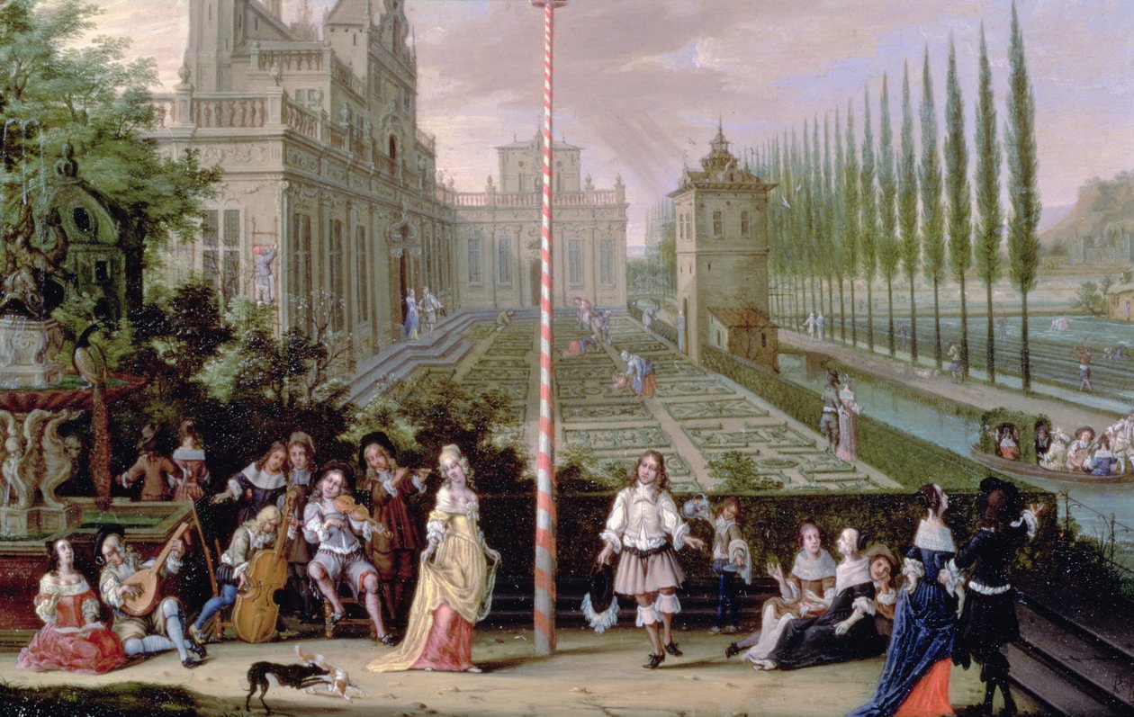 Détail de figures élégantes jouant des instruments de musique autour d