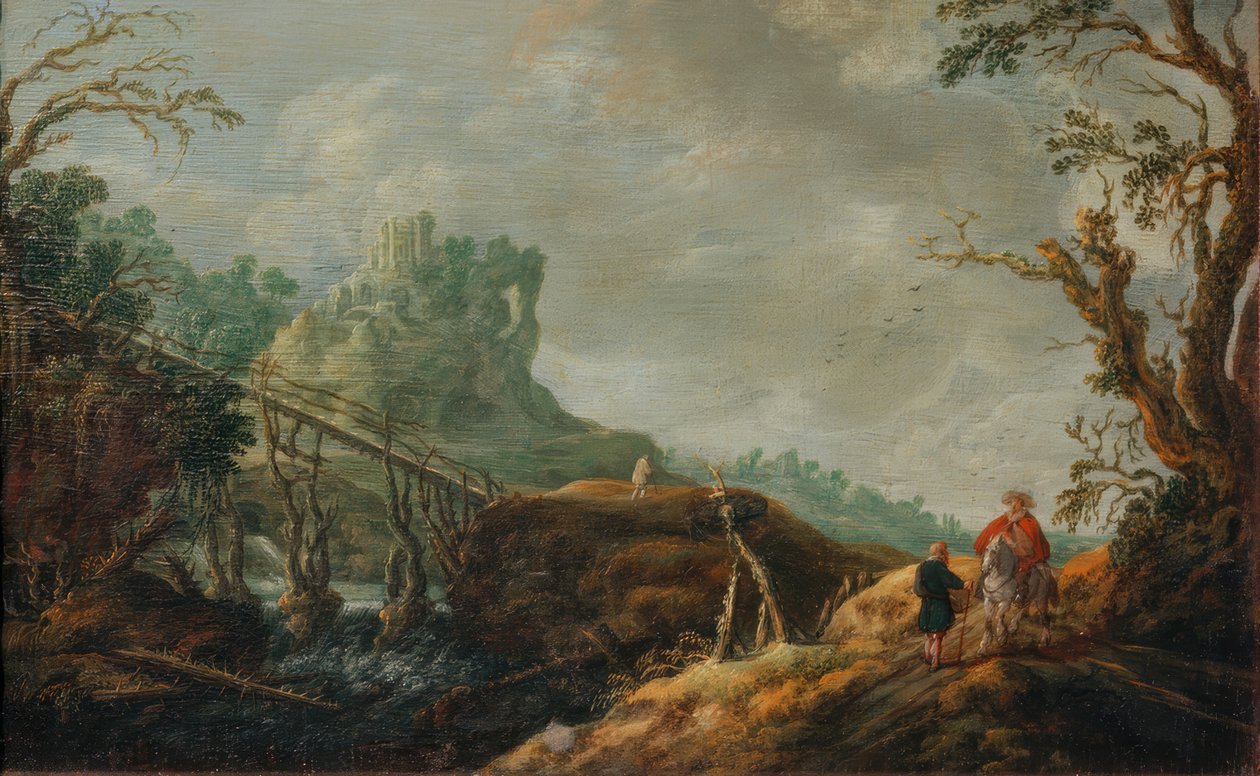 Paysage fluvial avec pont en bois et ruine - Pieter Jansz van Asch