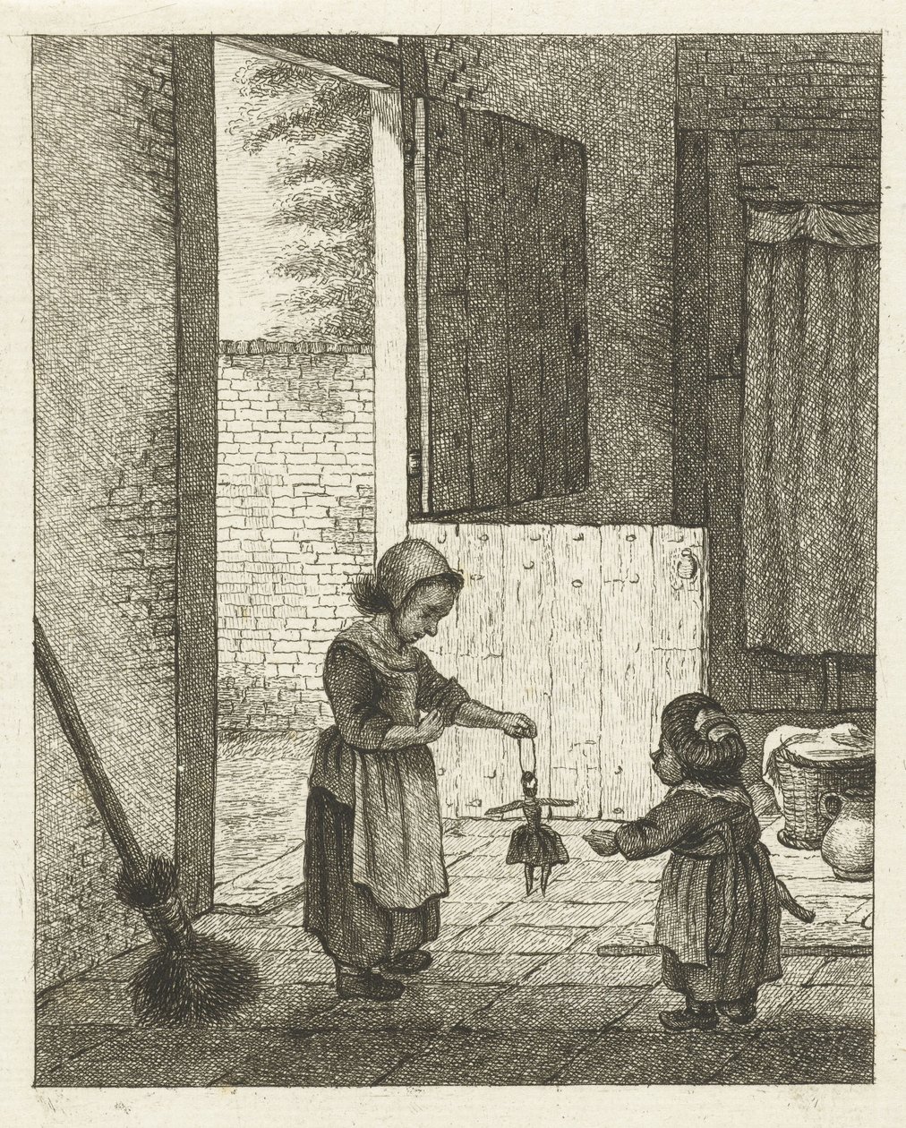 Deux filles jouant avec une poupée - Pieter de Mare