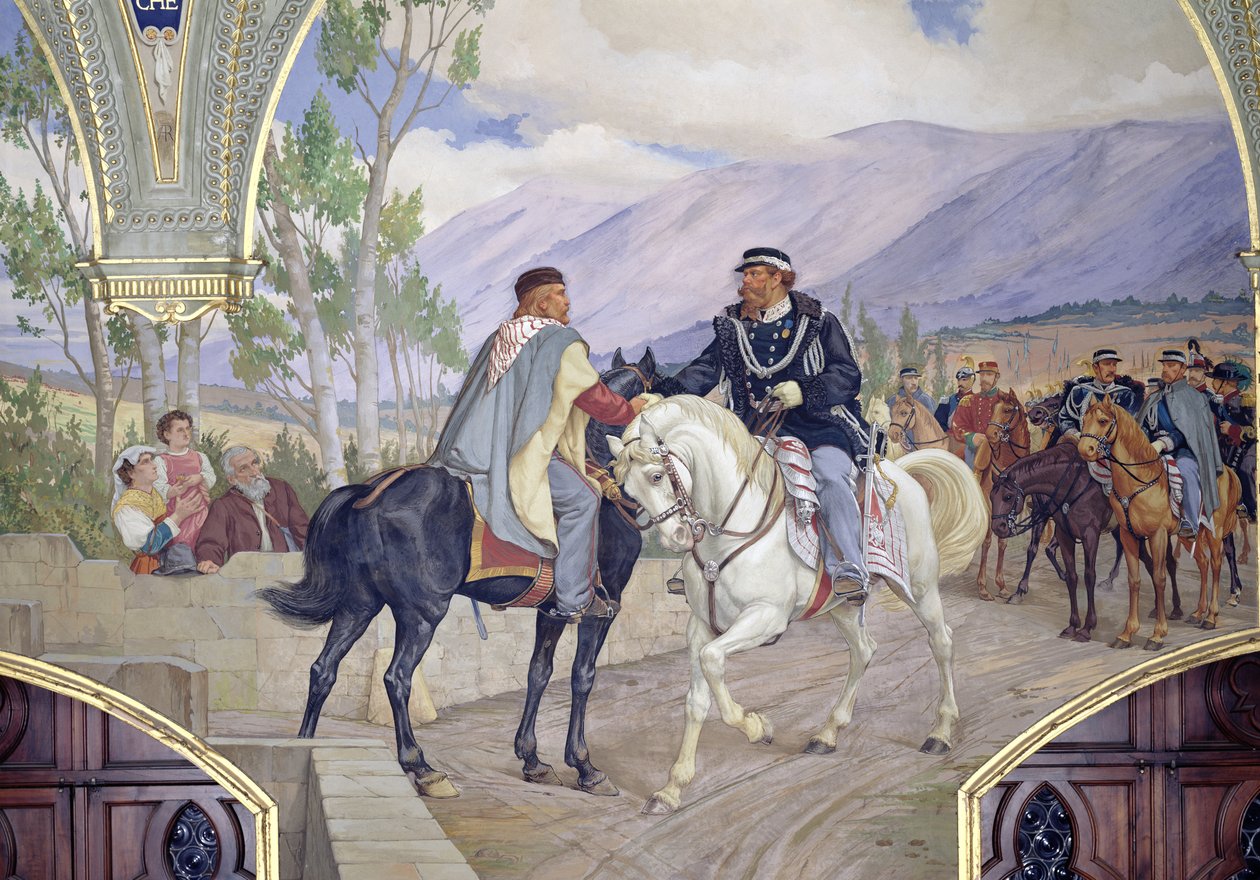La rencontre entre Giuseppe Garibaldi (1807-82) et le roi Vittorio Emanuele II (1820-78) le 26 octobre 1860 à Teano, Italie, détail des deux dirigeants se serrant la main (détail) - Pietro Aldi
